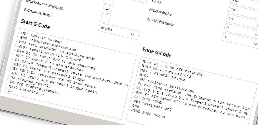 3D Druck G-Code Start-Code Ende-Code