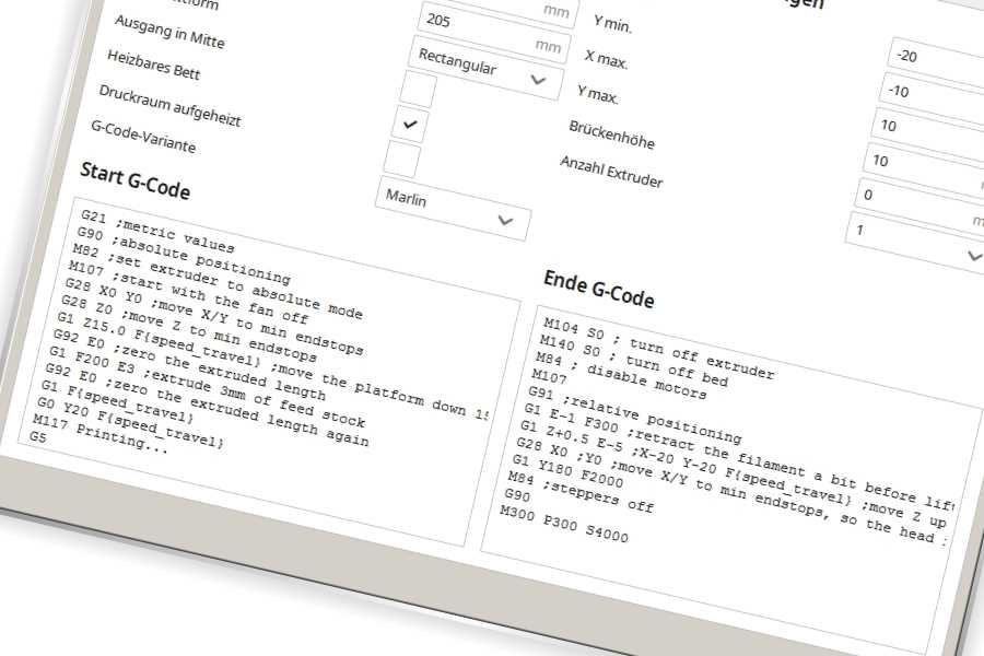 3D Druck G-Code Start-Code Ende-Code